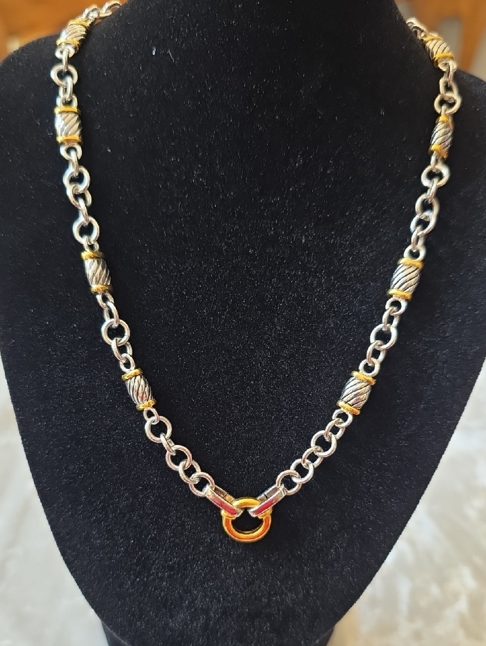 Two-Tone Minimalist Gold & Silver Tone Rolo-Link W Cable Stations Necklace